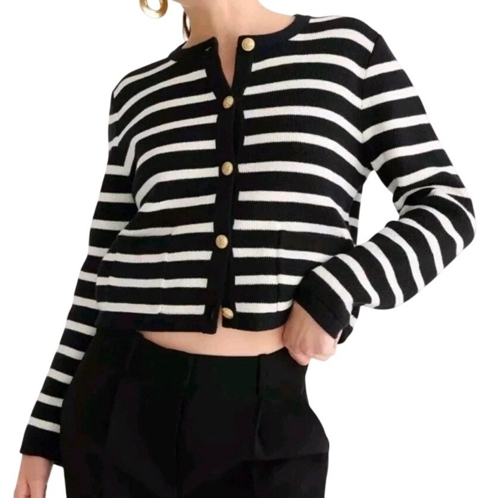 J.Crew Emilie Striped Sweater Jacket Black White Gold Button Cotton Size S